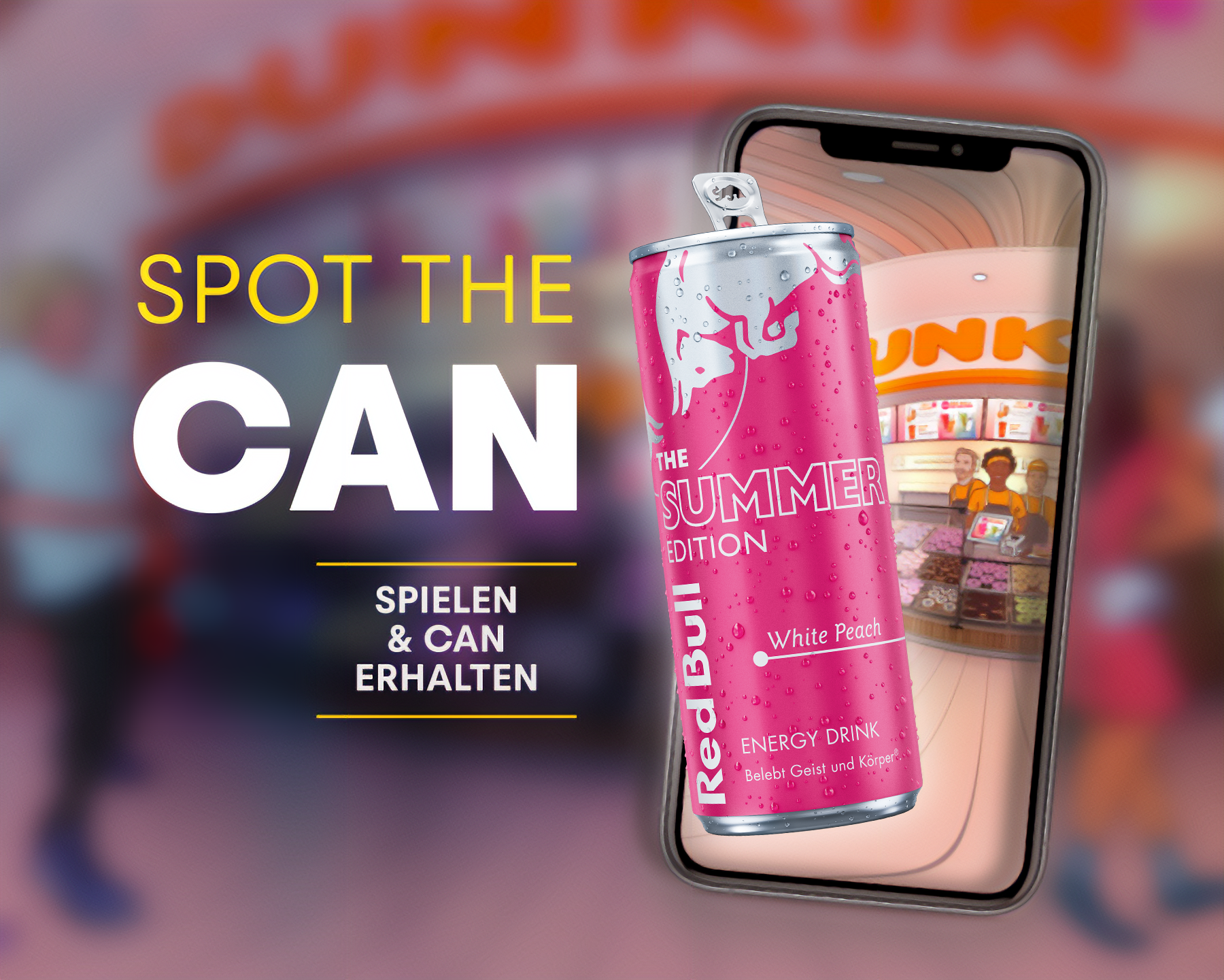 SPOT THE CAN SPIELEN & CAN ERHALTEN zu sehen ist ein Smartphone sowie eine Dose Red Bull SUMMER EDITION - White Peach