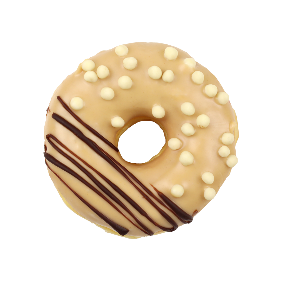 Ein runder Donut mit einer hellen Glasur, dekoriert mit weißen Schokoladensplittern und einer Schokoladensauce.