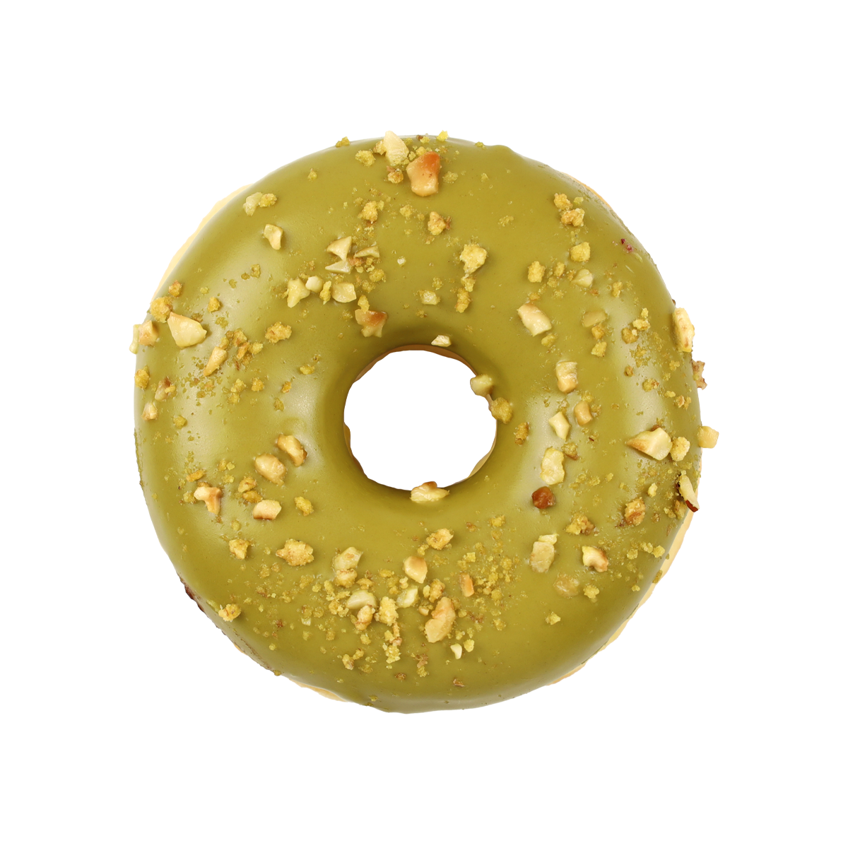 Ein grüner Donut mit Nüssen und einer glatten Glasur, auf einem weißen Hintergrund.