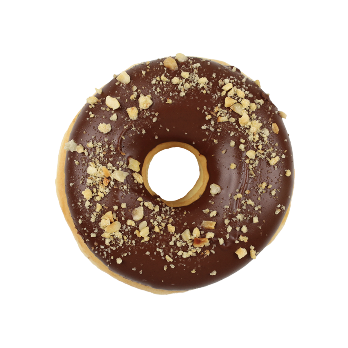 Ein runder Donut mit Schokoladenglasur und gehackten Nüssen oben drauf.