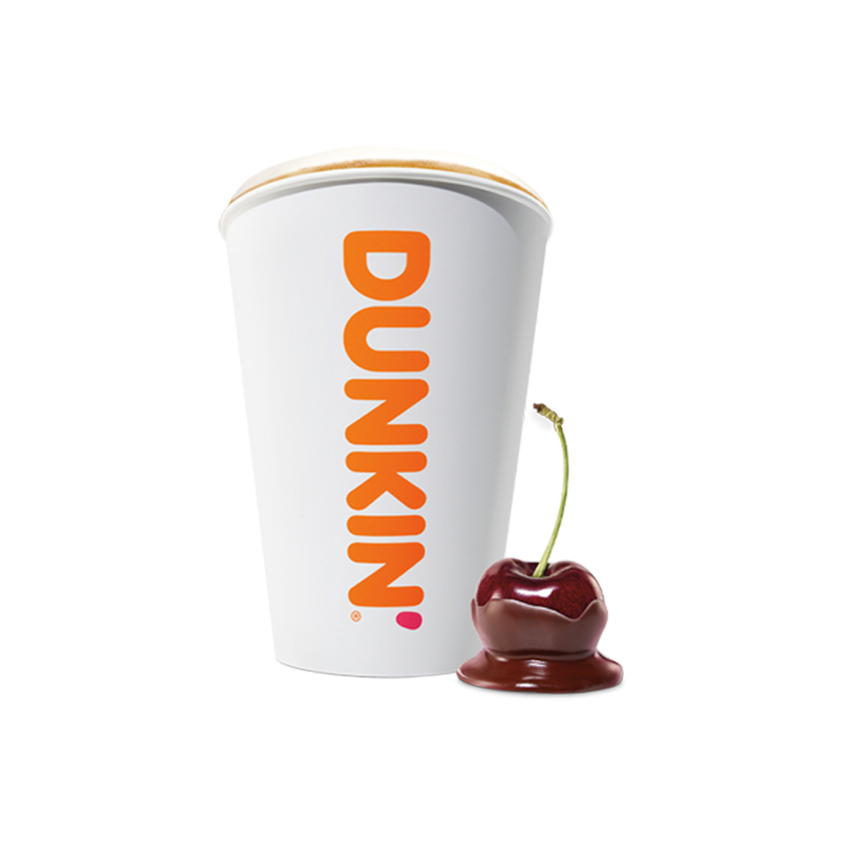 Weißer Kaffeebecher mit orangefarbener Aufschrift "DUNKIN", daneben eine Kirsche in Schokolade mit grünem Blatt.