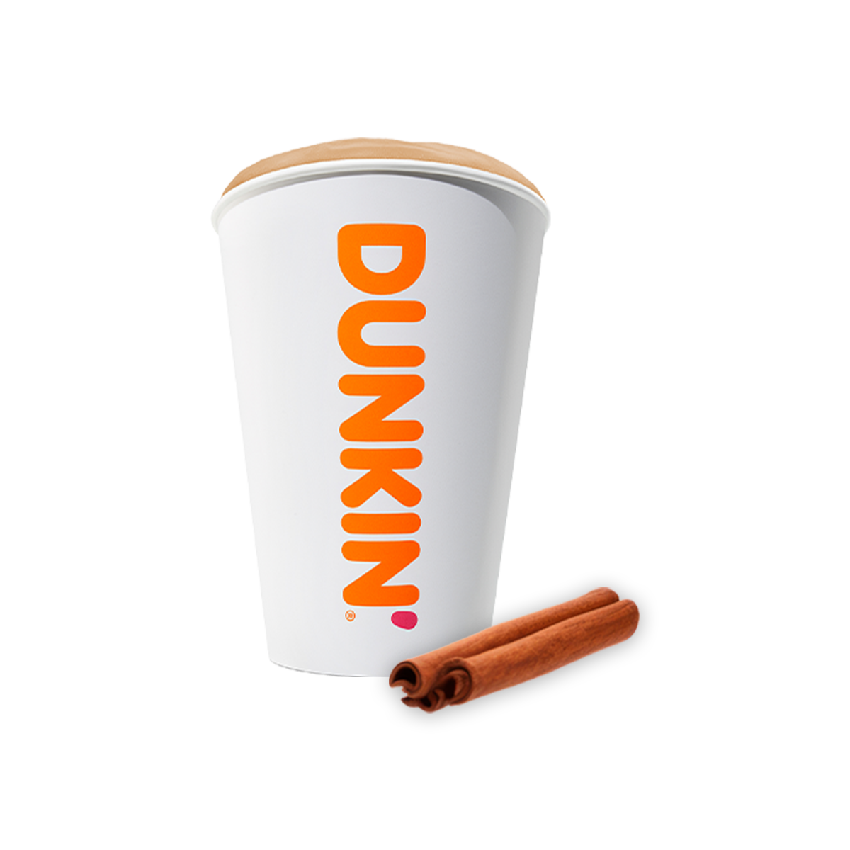 Becher von Dunkin' mit Zimtstangen daneben, auf weißem Hintergrund. Der Becher hat die orangefarbene Aufschrift "DUNKIN'".