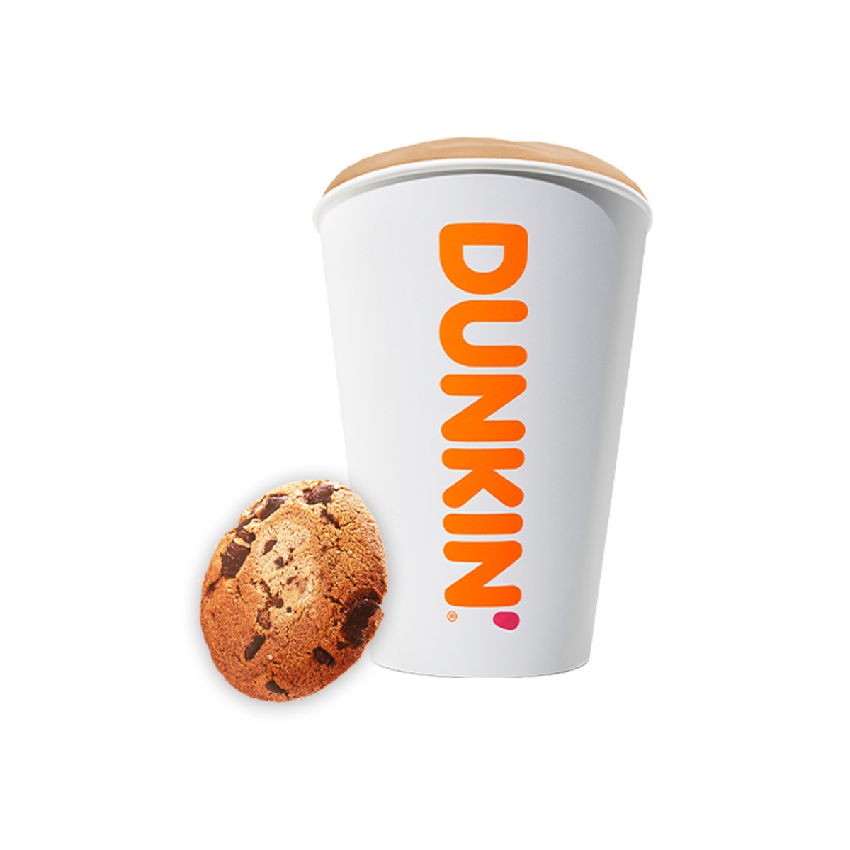 Weißer Kaffeebecher mit orangefarbenem "DUNKIN."-Logo und einem Schokoladenkeks daneben.