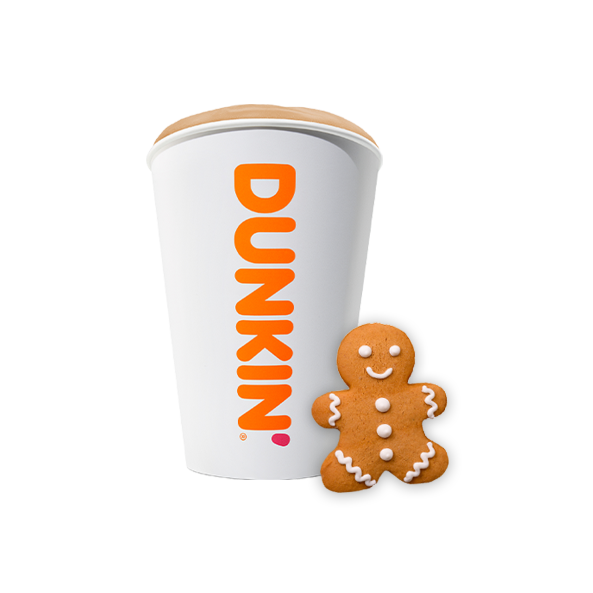Ein Kaffeebecher von Dunkin' neben einem Lebkuchenmann mit Zuckergussverzierung.