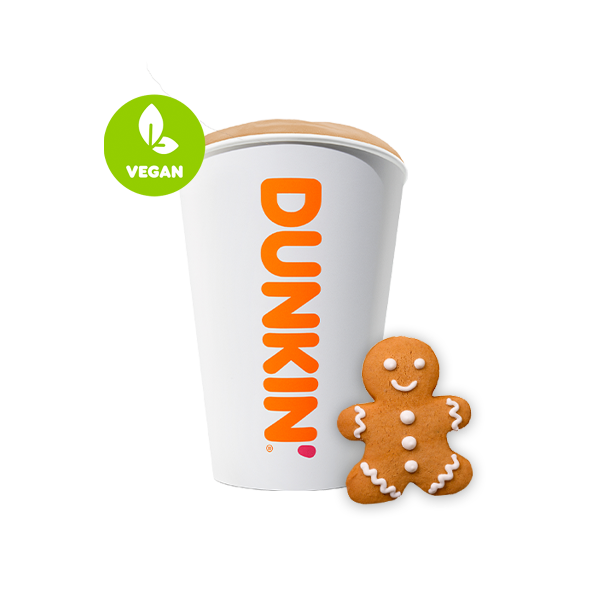Eine weiße Tasse mit der Aufschrift "DUNKIN'" und ein veganer Lebkuchenmann. Das Getränk hat einen Holzdeckel.