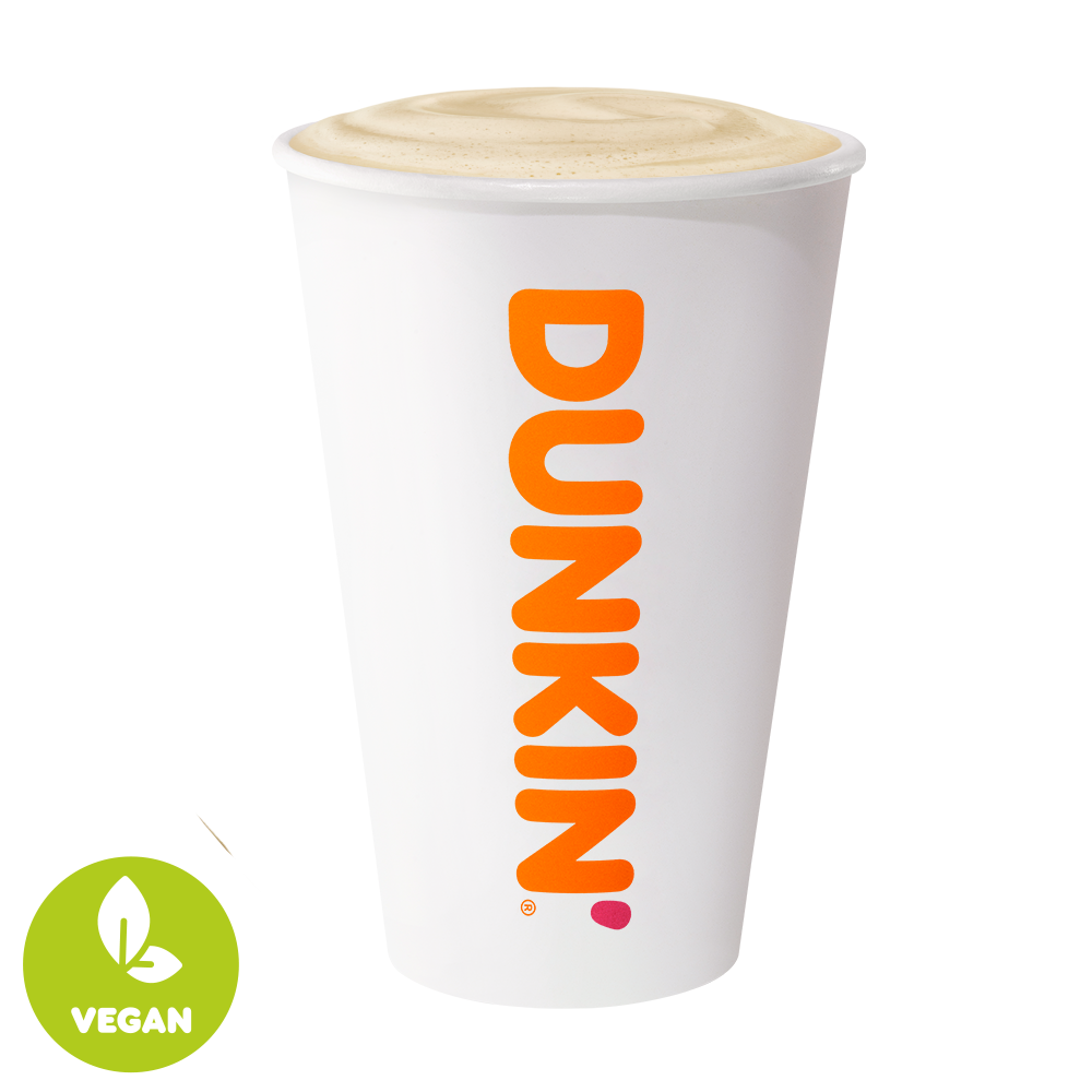 Ein weißer Kaffeebecher mit dem Logo "DUNKIN'" in Orange und dem Hinweis "VEGAN" in grün.
