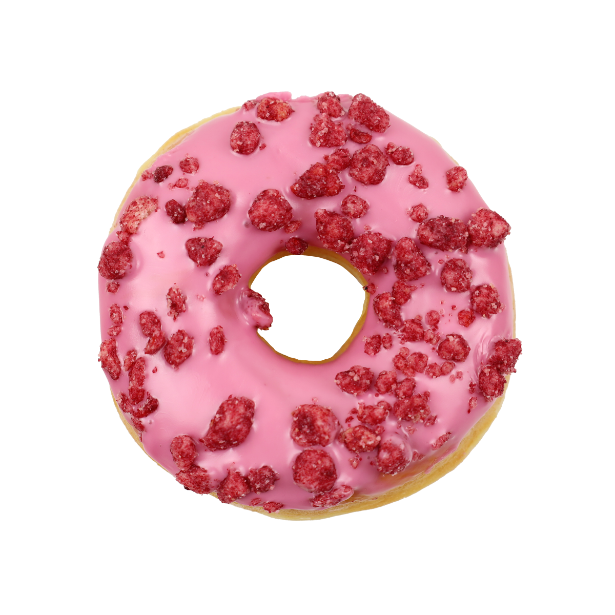 Ein runder Donut mit pinker Glasur und roten, knusprigen Stückchen obenauf, auf einem weißen Hintergrund.