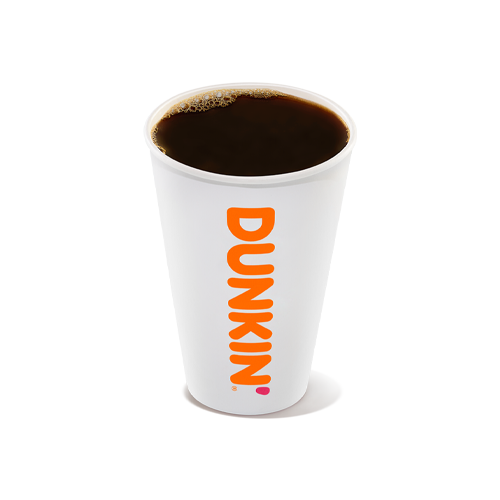Ein weißer Pappbecher mit schwarzem Kaffee und dem Logo "DUNKIN'" in orange und pink.